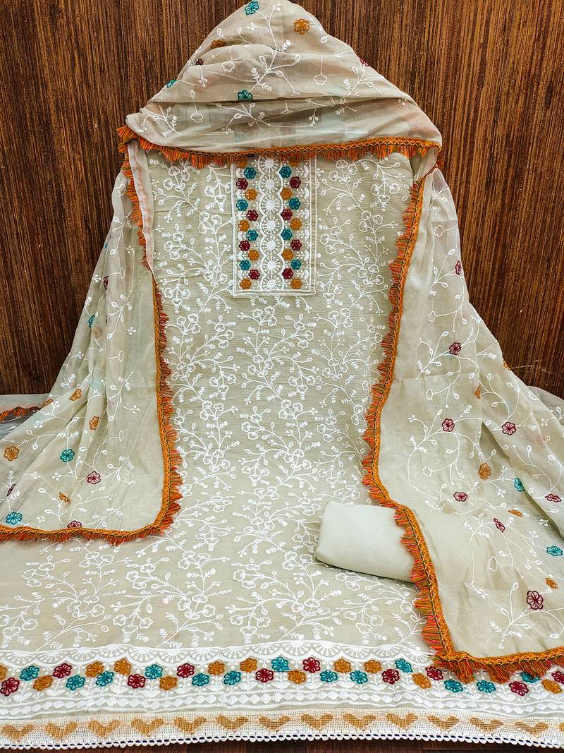 floral embroidered unstitched dress material with multicolor dupatta