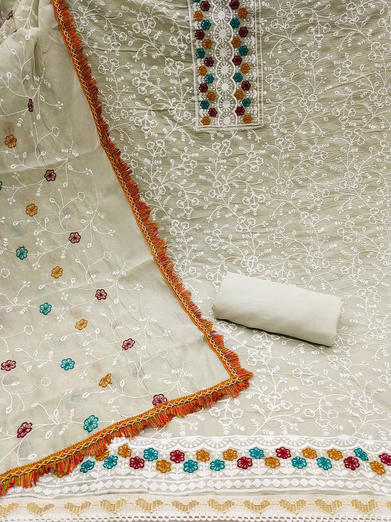 floral embroidered unstitched dress material with multicolor dupatta