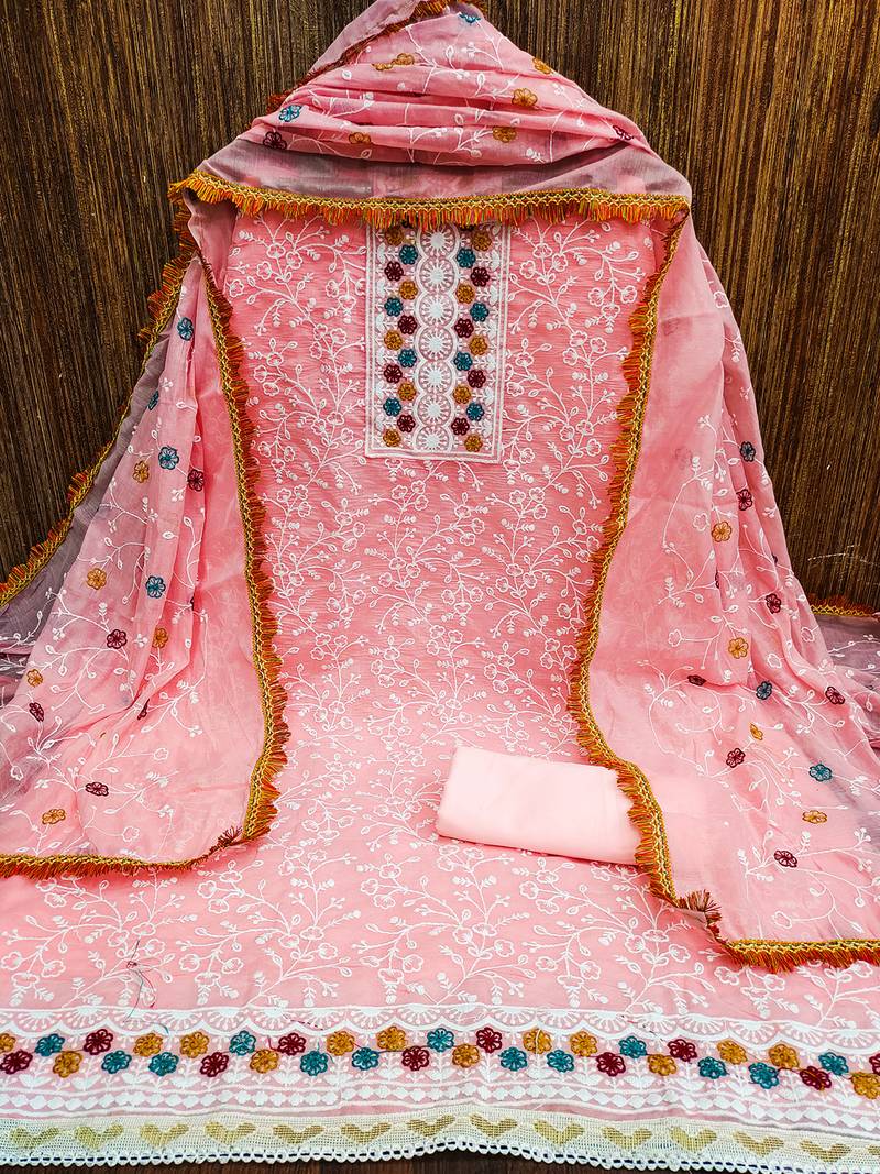 floral embroidered unstitched dress material with multicolor dupatta