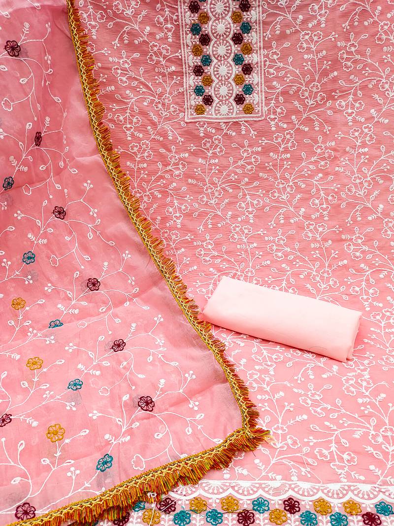 floral embroidered unstitched dress material with multicolor dupatta