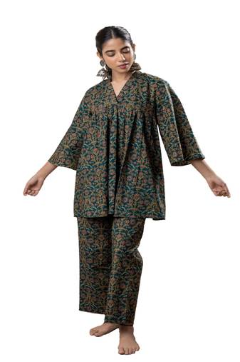 Green ajrakh cotton flared co-ordset