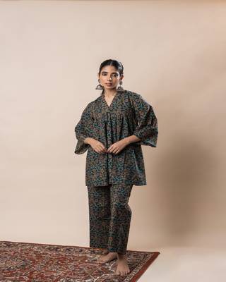 Green ajrakh cotton flared co-ordset 2