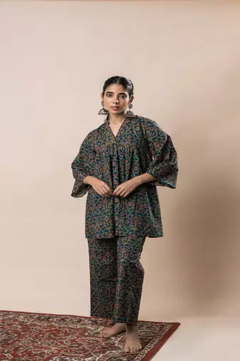 Green ajrakh cotton flared co-ordset
