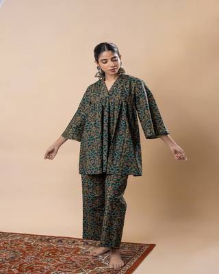 Green ajrakh cotton flared co-ordset 3