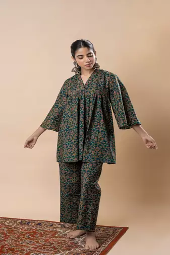 Green ajrakh cotton flared co-ordset