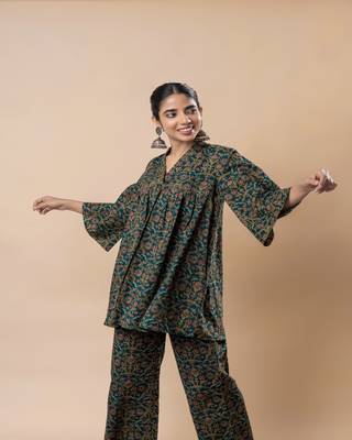 Green ajrakh cotton flared co-ordset 4