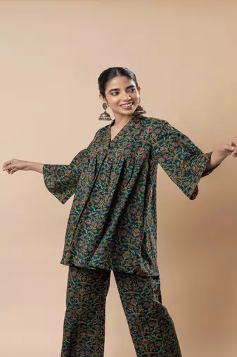 Green ajrakh cotton flared co-ordset