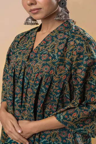 Green ajrakh cotton flared co-ordset