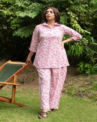 Pink pin tucks cotton block printed co-ord set 1