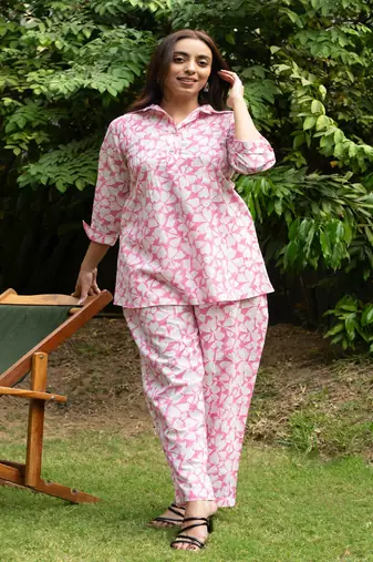 Pink pin tucks cotton block printed co-ord set
