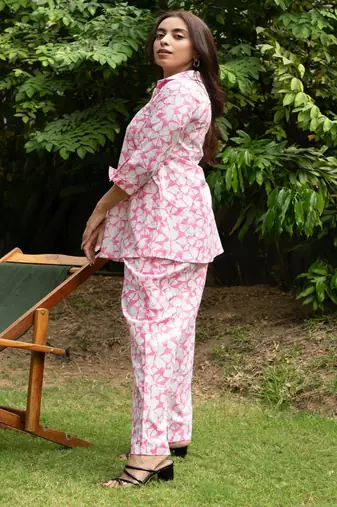Pink pin tucks cotton block printed co-ord set
