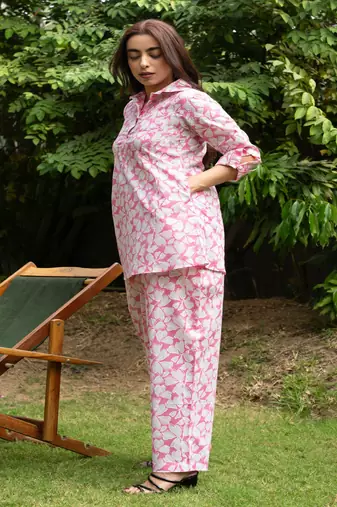 Pink pin tucks cotton block printed co-ord set