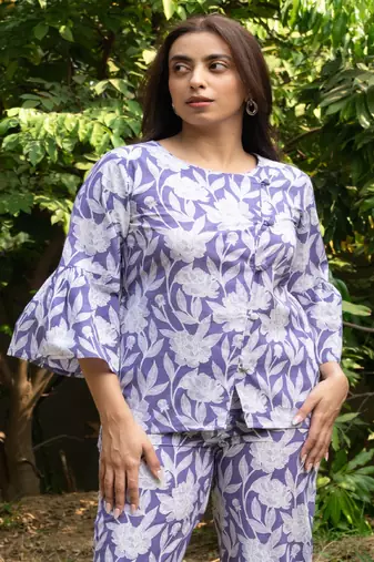Lilac cross pattern cotton block printed cotton co-ord set