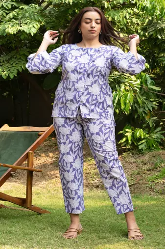 Lilac cross pattern cotton block printed cotton co-ord set