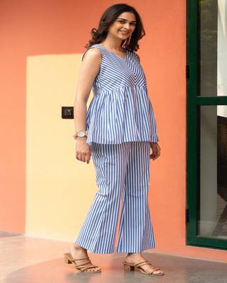 Powder blue cotton notched neck coord set 5