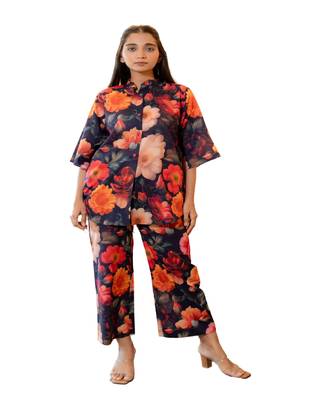 Multicolor half buttoned bold floral flared printed cotton co-ord set 1