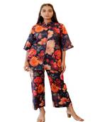 Multicolor half buttoned bold floral flared printed cotton co-ord set