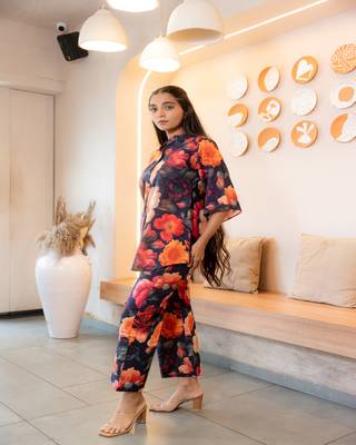 Multicolor half buttoned bold floral flared printed cotton co-ord set 3