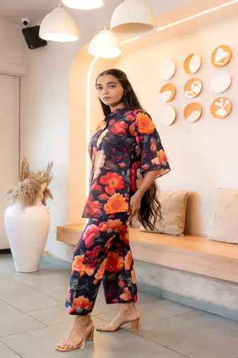 Multicolor half buttoned bold floral flared printed cotton co-ord set