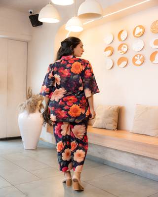 Multicolor half buttoned bold floral flared printed cotton co-ord set 4