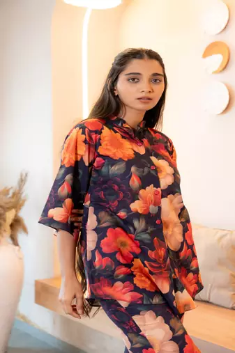 Multicolor half buttoned bold floral flared printed cotton co-ord set