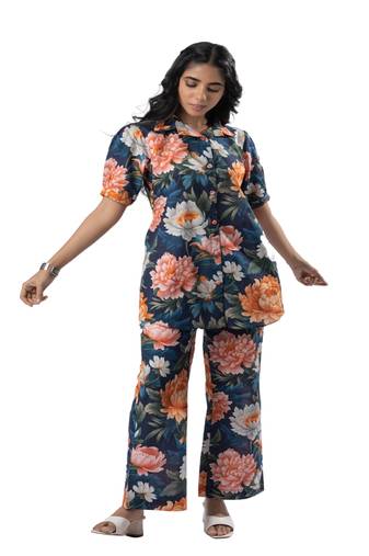 Bold floral buttoned down cotton printed co-ord set