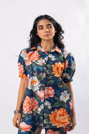 Bold floral buttoned down cotton printed co-ord set