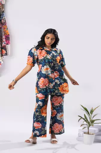 Bold floral buttoned down cotton printed co-ord set