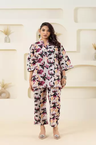 Off white printed cotton coordset