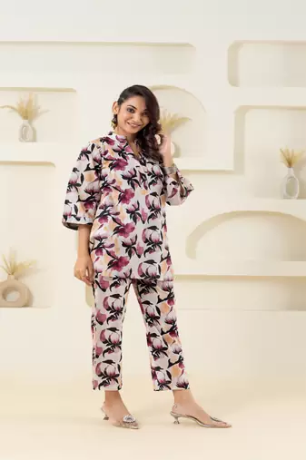 Off white printed cotton coordset
