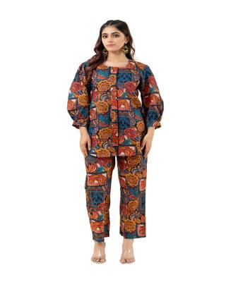 Multicolor abstract printed cotton co-ord set with puffed sleeves 1