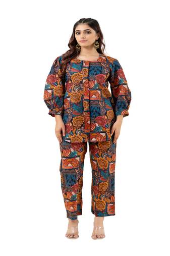 Multicolor abstract printed cotton co-ord set with puffed sleeves