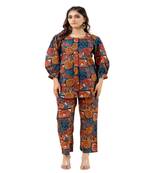 Multicolor abstract printed cotton co-ord set with puffed sleeves