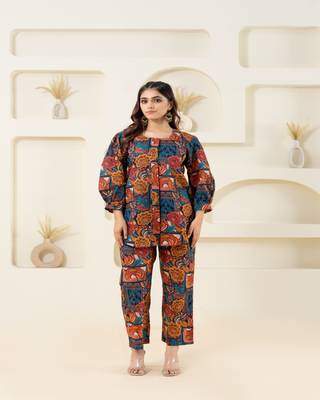 Multicolor abstract printed cotton co-ord set with puffed sleeves 2