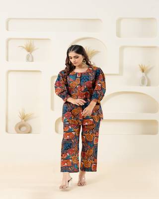 Multicolor abstract printed cotton co-ord set with puffed sleeves 3