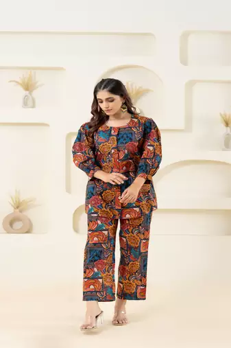 Multicolor abstract printed cotton co-ord set with puffed sleeves