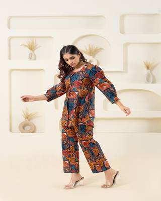 Multicolor abstract printed cotton co-ord set with puffed sleeves 4