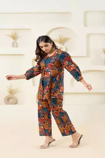 Multicolor abstract printed cotton co-ord set with puffed sleeves