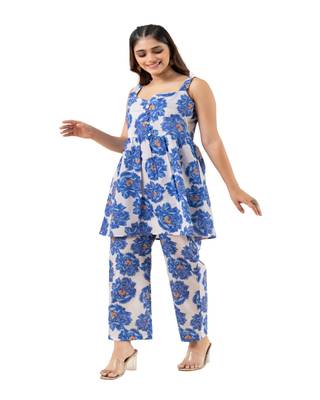 White floral printed cotton sleevelss co-ord set 1
