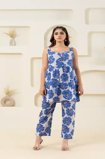 White floral printed cotton sleevelss co-ord set