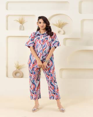 Abstract wave printed cotton off white co-ord set 2