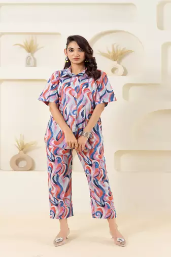 Abstract wave printed cotton off white co-ord set