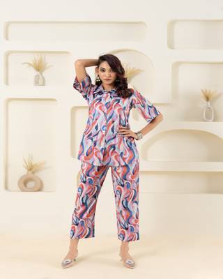 Abstract wave printed cotton off white co-ord set 3