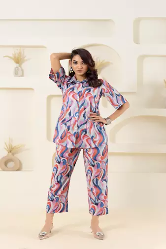Abstract wave printed cotton off white co-ord set