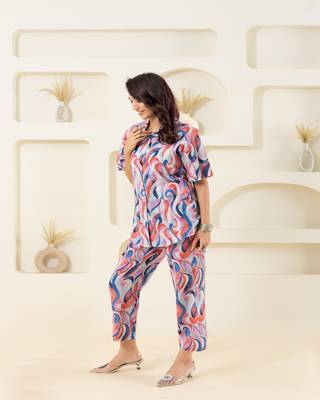 Abstract wave printed cotton off white co-ord set 4