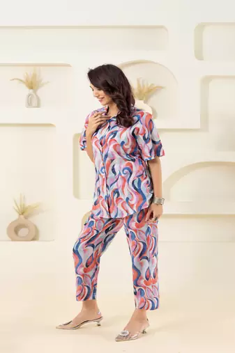 Abstract wave printed cotton off white co-ord set