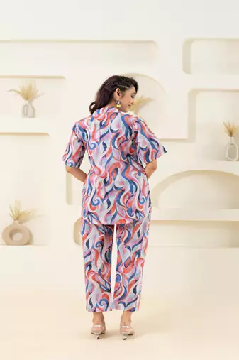 Abstract wave printed cotton off white co-ord set