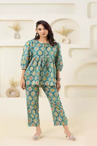 Mint floral grid printed cotton co-ord set