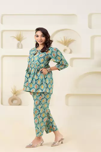 Mint floral grid printed cotton co-ord set