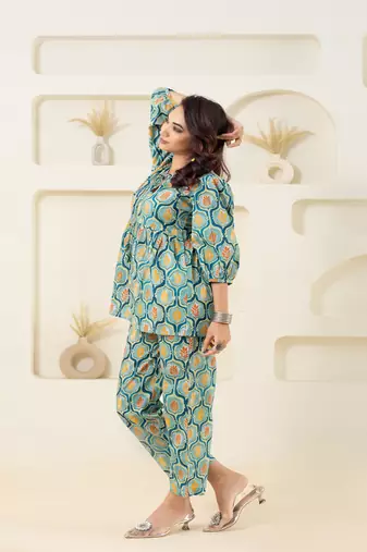 Mint floral grid printed cotton co-ord set